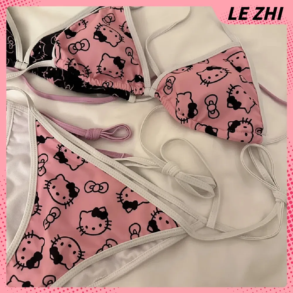 Color: Olive, Size: M - Kawaii Hello Kitty Bikini Cartoon Printing Two-piece Swimsuit Euro-american Spice Girl Underwear Sexy Bikini Holiday Gift