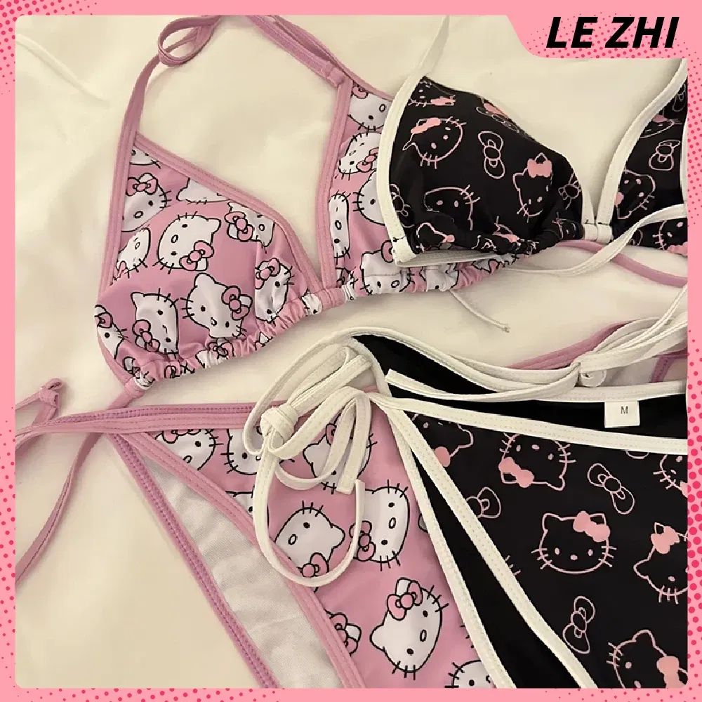 Color: Olive, Size: M - Kawaii Hello Kitty Bikini Cartoon Printing Two-piece Swimsuit Euro-american Spice Girl Underwear Sexy Bikini Holiday Gift