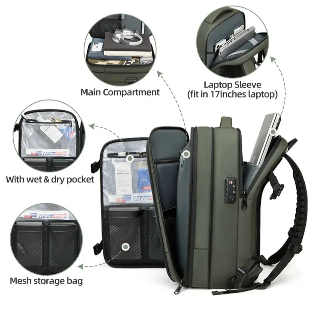 Color: Ivory - Vacpack Vacuum Compression Backpack Airback with Pump Men Waterproof Expandable Carry On Travel Backpack 17 inch Laptop Backpack