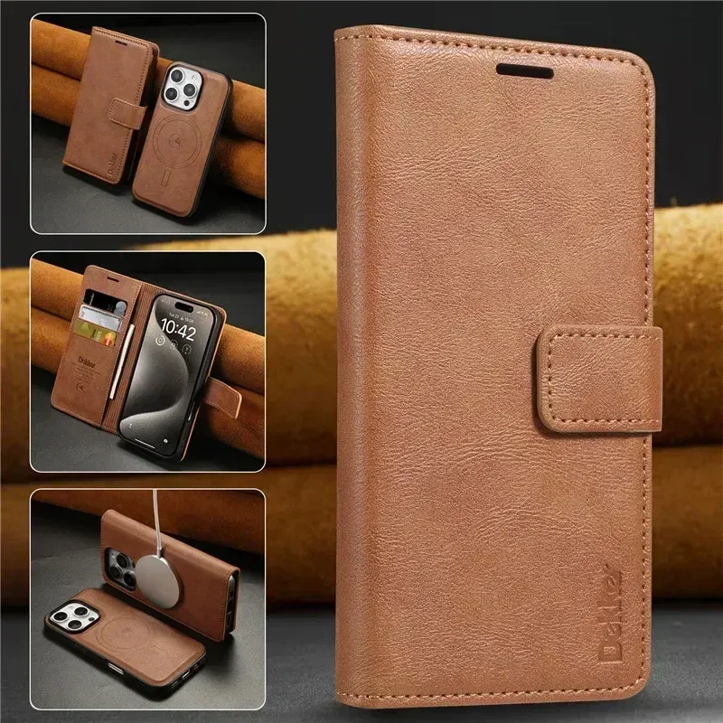 Color: Brown, Material: Plastic - 2 in 1 MagSafe Wallet Case for IPhone 16 Promax 15 Plus 14 Pro Max 13 12 Iphone16 Magnetic Wireless Charging Phone Cover