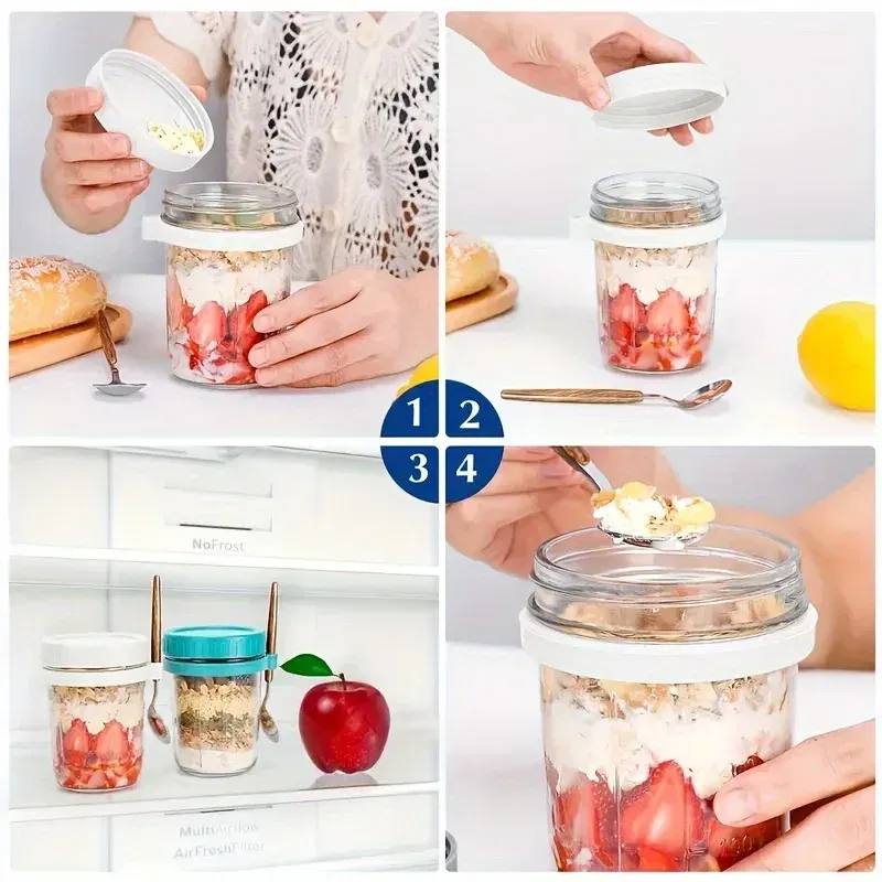 Color: Green, Capacity: 301-400ml - 350ML Overnight Oat Cup Glass With Lid And Spoon Seal Food Breakfast Cup Portable Cereal Milk Salad Yogurt Cup Kitchen Item