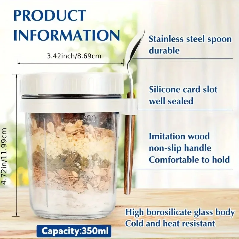 Color: Green, Capacity: 301-400ml - 350ML Overnight Oat Cup Glass With Lid And Spoon Seal Food Breakfast Cup Portable Cereal Milk Salad Yogurt Cup Kitchen Item
