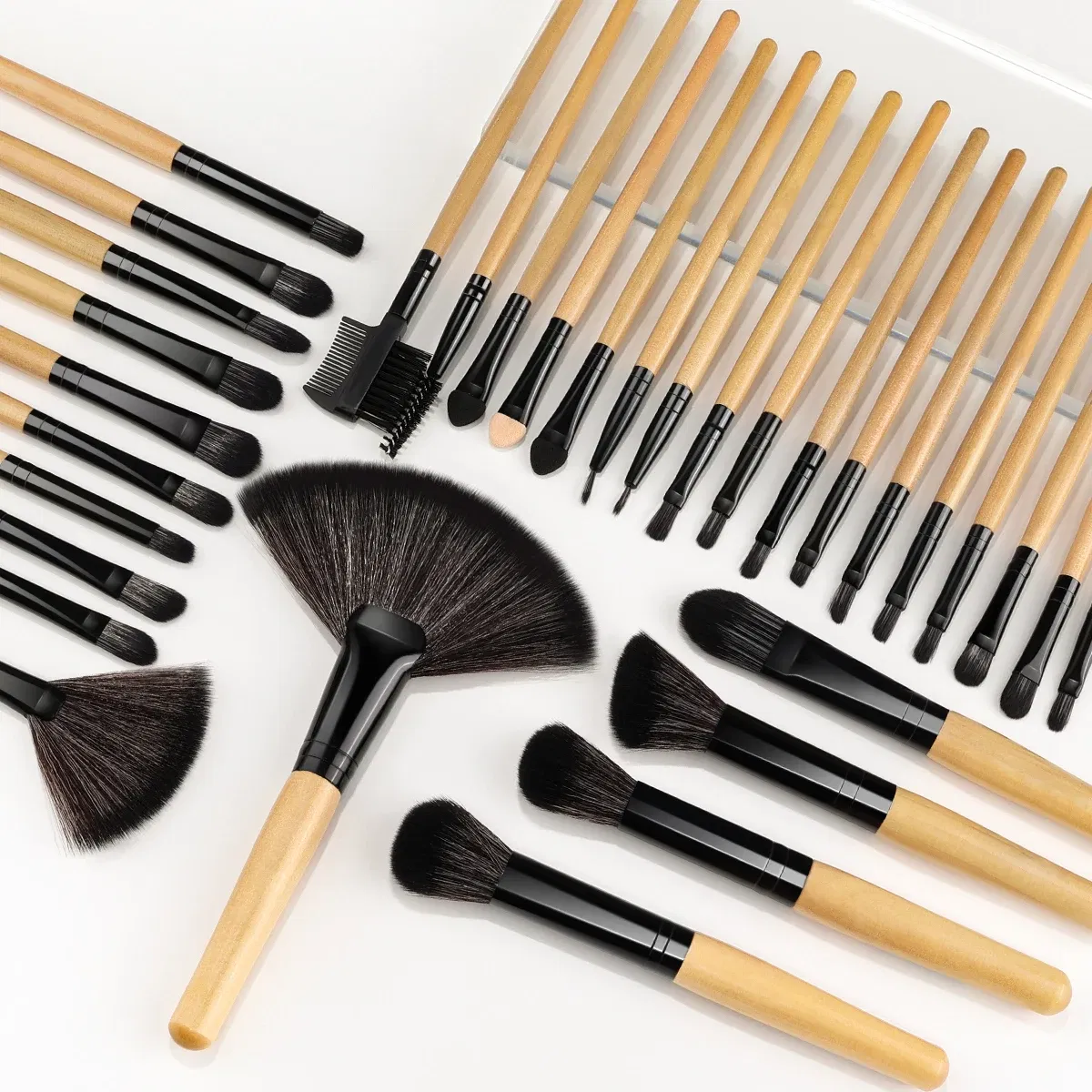 Handle Color: Black, Ships From: United States - Kaizm 32pcs Natural Hair Makeup Brushes Set Cosmetic Foundation Powder Eyeshadow Eyebrow Premium Wooden Make Up Brush Tools Kits