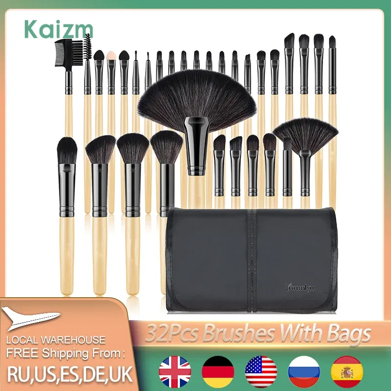 Handle Color: Black, Ships From: United States - Kaizm 32pcs Natural Hair Makeup Brushes Set Cosmetic Foundation Powder Eyeshadow Eyebrow Premium Wooden Make Up Brush Tools Kits