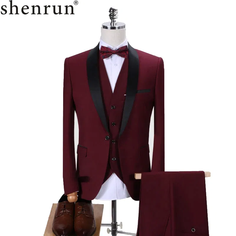 Color: Red, Size: M - Shenrun Men Tuxedo Slim Fit Fashion Suit Wedding Shawl Lapel 3 Pieces Skinny Single Breasted Jacket Party Prom Singer Costume