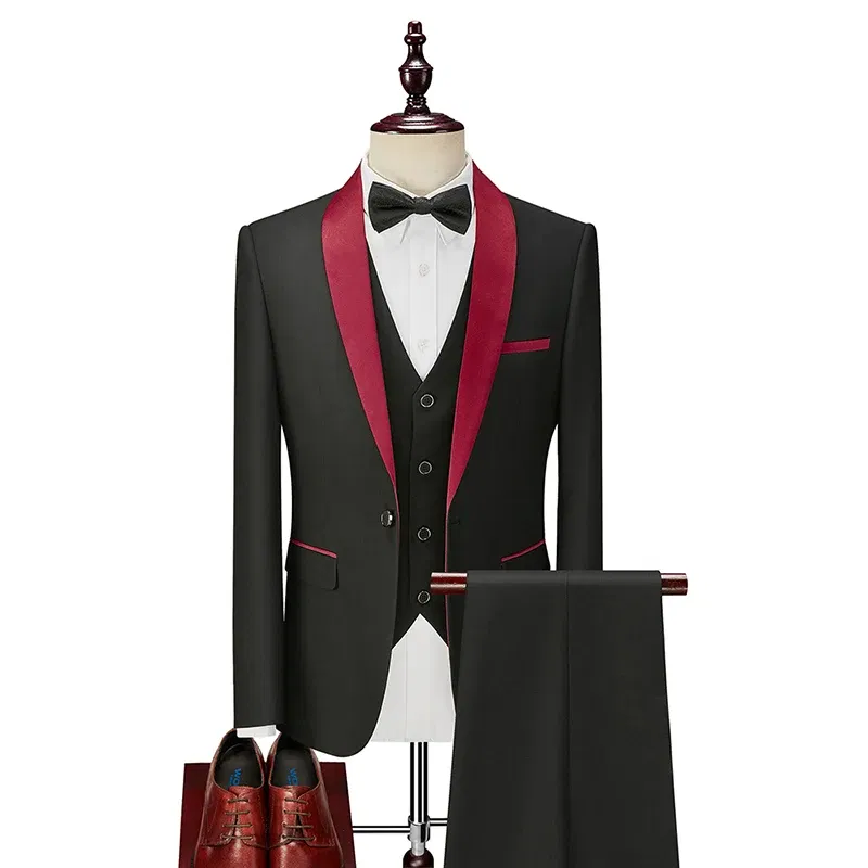 Color: Red, Size: M - Shenrun Men Tuxedo Slim Fit Fashion Suit Wedding Shawl Lapel 3 Pieces Skinny Single Breasted Jacket Party Prom Singer Costume