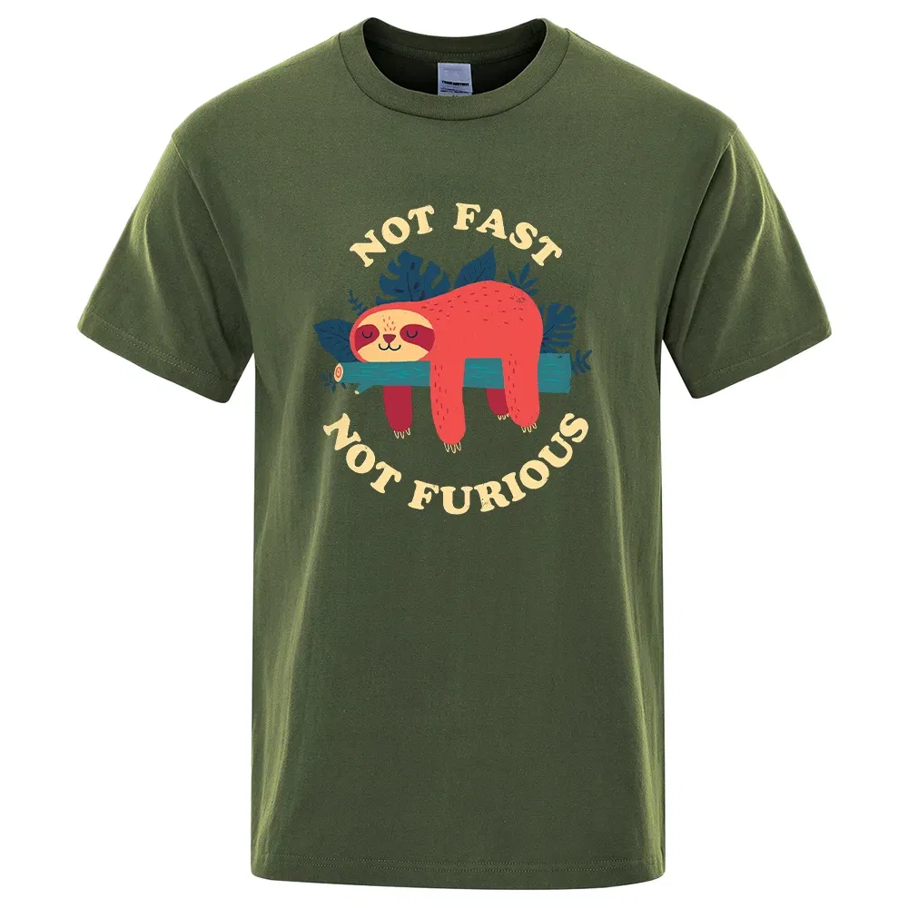 Color: Navy Blue, Size: XL - Not Fast Not Furious Sloth Cute Print Men Tee Shirts Breathable Cotton Tops Street Fashion T-shirt Women Casual Summer T Shirts