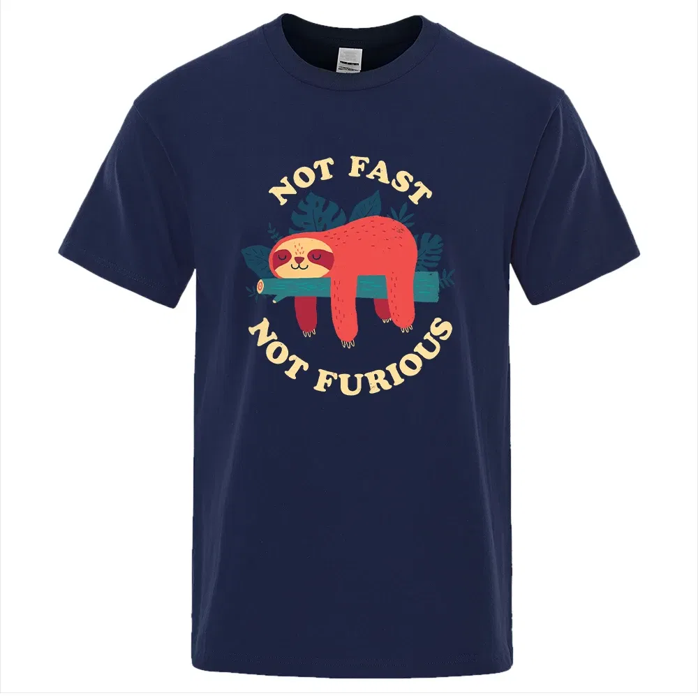 Color: Navy Blue, Size: XL - Not Fast Not Furious Sloth Cute Print Men Tee Shirts Breathable Cotton Tops Street Fashion T-shirt Women Casual Summer T Shirts