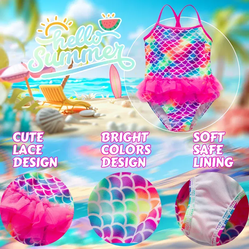 Color: army green, Kid Size: 6M - Lilo Stitch Girl Swimsuit Summer One-Piece Swimwear Beachwear Pool Mermaid Fish Scale Print Bikini Bathing Outfit Swimming Wear
