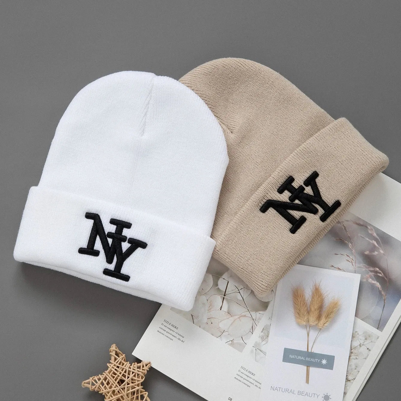 Color: Iron oxide red - 1/2/3pcs Unisex Winter Beanie Hats, Solid Color Knitted Warm Outdoor Caps with Embroidered NY Logo, Hand Washable, Black