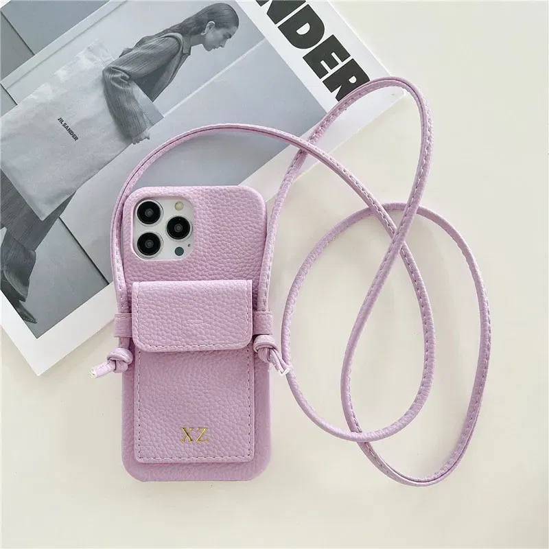 Color: Lavender, Material: Cotton Fabric - Personalized Gold Silver Letters Leather PU Card Holder Lanyard Hard Case For iPhone 14 13 12 11 15 Pro Max XS XR 16 Plus Cover