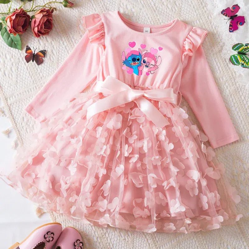 Color: SKY BLUE, Size: One Size, Height: 170 - Lilo Stitch Girl Baby Dresses Spring Autumn Child Long Sleeve Sweet Princess Dress Mesh Newborn Casual Dress Birthday Party 2-6Y