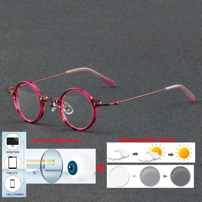 Frame Color: Red, Eye Prescription: +375 - VCKA Anti-blue Discolor Acetate+Titanium Myopia Glasses Frames Small Round Men Prescription Optical Women Eyewear -0.50 to -10.0