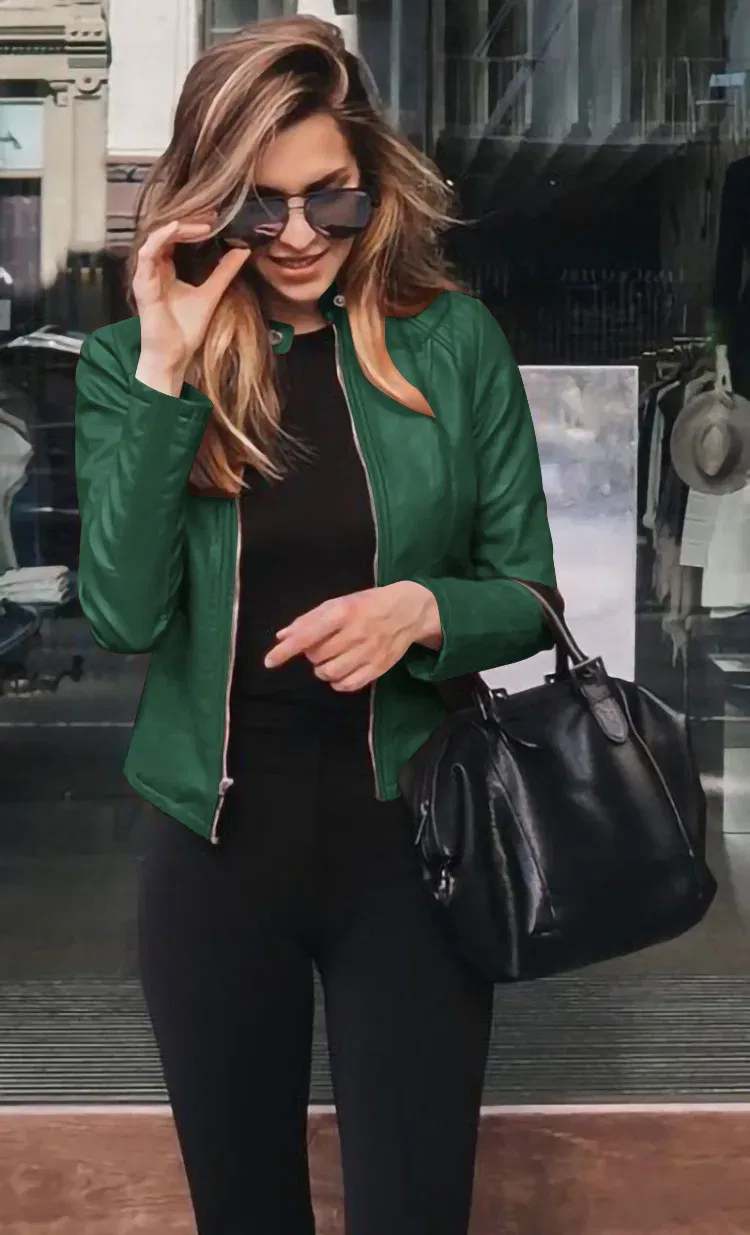 Color: green, Size: M - Womens Spring Full Long Sleeve Jacket Coat Autumn Leather Blazer Winter Zipper Outwear Suit Cardigan Female Jackets