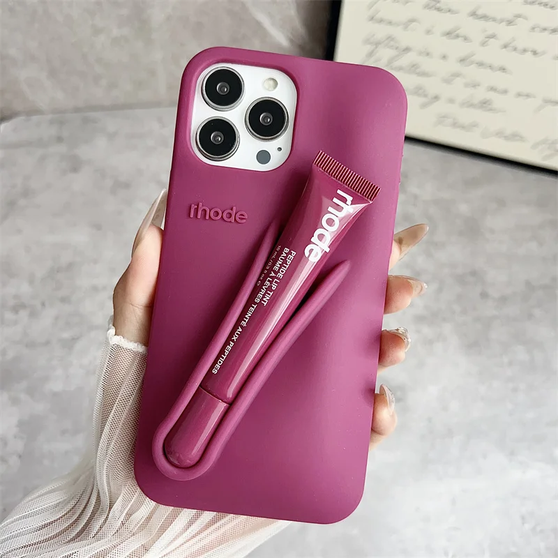 Color: GRAY, Bundle: Bundle1, Material: Microfiber - Phone Case For iPhone 12 13 14 15 16 Pro Max Plus 17 Air Portable Lip Gloss Holder Lipstick Silicone Soft Bumper Cover Lip Glaze
