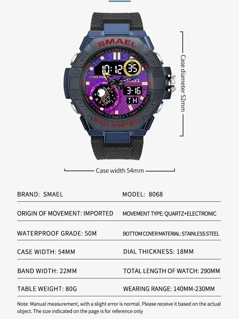 Color: Blue - Sports Watch Men Waterproof Watches SMAEL Fashion Brand Digital Quartz Clock Stopwatch 8068 Military Army Quartz Wristwatches