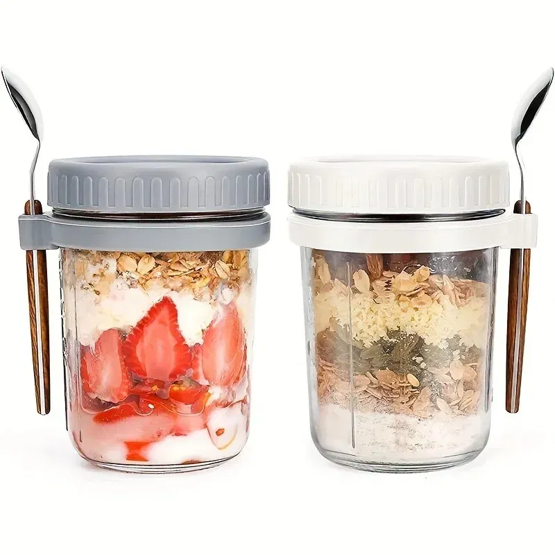 Color: Yellow, Capacity: 301-400ml - 350ML Overnight Oat Cup Glass With Lid And Spoon Seal Food Breakfast Cup Portable Cereal Milk Salad Yogurt Cup Kitchen Item