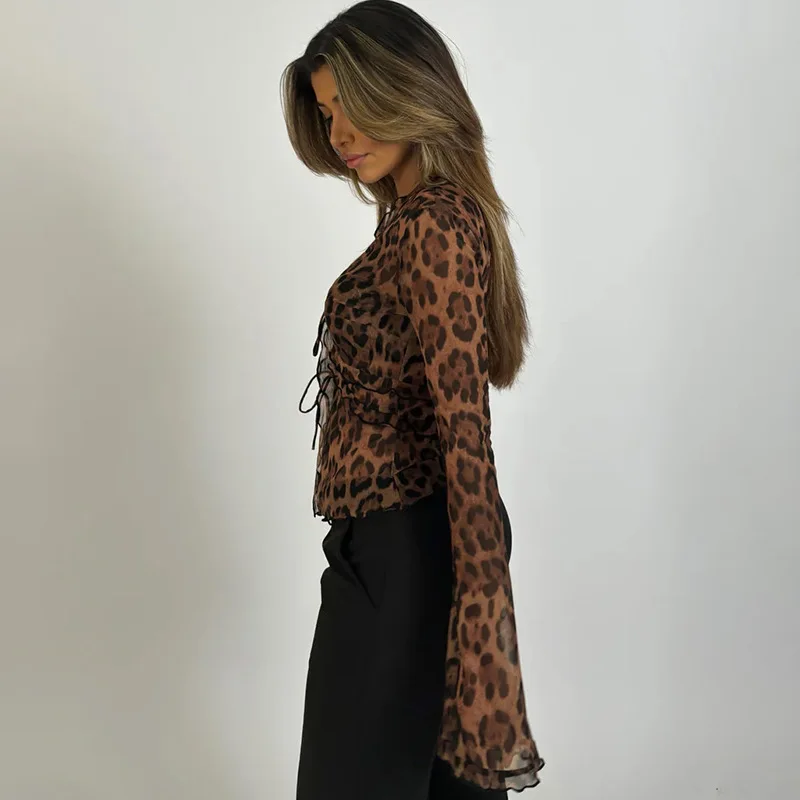 Color: Brown, Size: S - Women Sexy Leopard Mesh Chiffon Tops Deep V Neck Lace Flare Sleeve Blouses Elegant Loose Print Slim Fit T-shirt Female Y2K Tops