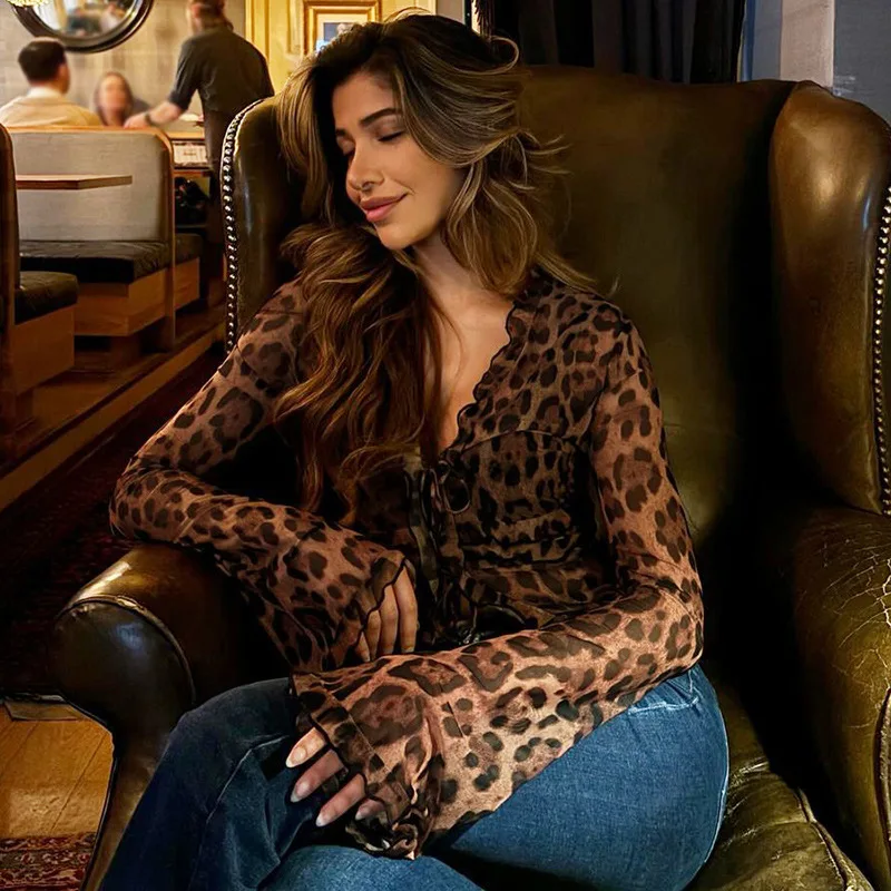 Color: Brown, Size: S - Women Sexy Leopard Mesh Chiffon Tops Deep V Neck Lace Flare Sleeve Blouses Elegant Loose Print Slim Fit T-shirt Female Y2K Tops