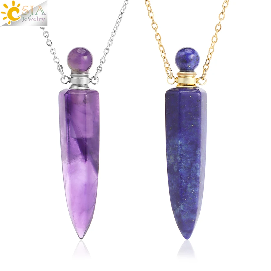 Metal color: Antique Silver Plated - CSJA Crystal Perfume Bottle Women Necklace Natural Stone Hexagonal Cone Pendant Reiki Oil Diffuser Necklaces Christmas Gift H358