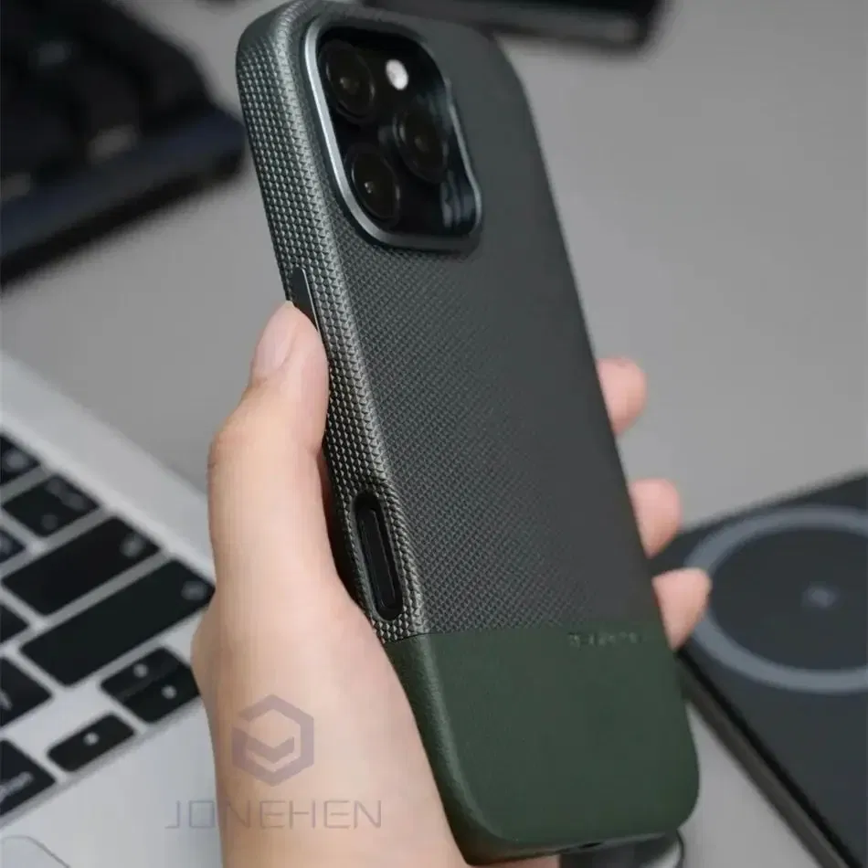 Color: Beige, Material: Genuine Leather - Business Hit Color Relief Leather Case For iPhone 16 15 14 13 Pro Max For Magsafe Magnetic Wireless Charge Alloy Len Cover Bag