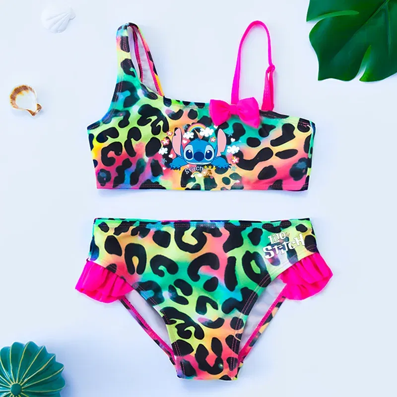 Color: Champagne, Size: S - Lilo Stitch Gilrs Bow Bikini Set Trendy Two-Piece Swimsuits for Summer Stylish Beachwear Pool Fashion Bathing Suits 3-12Y