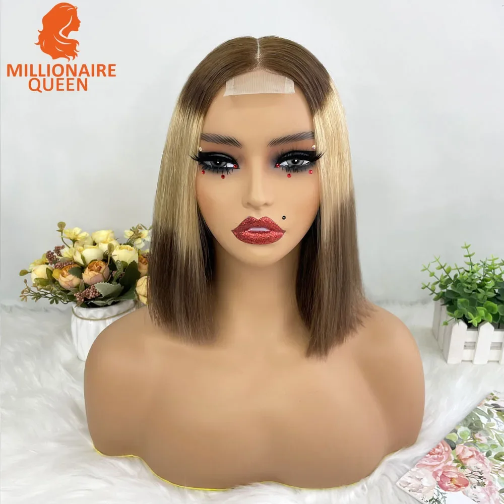 Color: GRAY, Stretched Length: 10inches, Density: 250%, Lace Size: 2x6 - Highlight P4/30 Brown Vietname Bone Straight Bob Wig Super Double Drawn Human Hair 2x6 Glueless Lace Closure Wig For Black Women