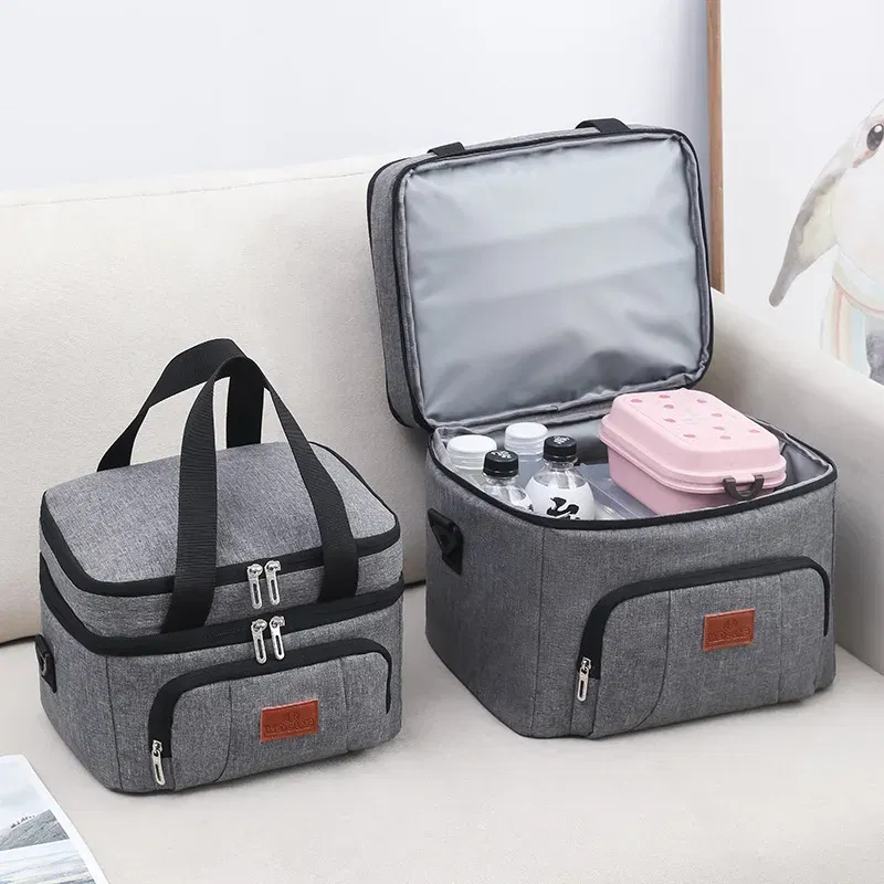 Color: GRAY - Double Layer Lunchbox Storage Thermal Bag Large Capacity Tote Shoulder Food Drink Insulation Bags Outdoor Picnic Bento Lunch Bag