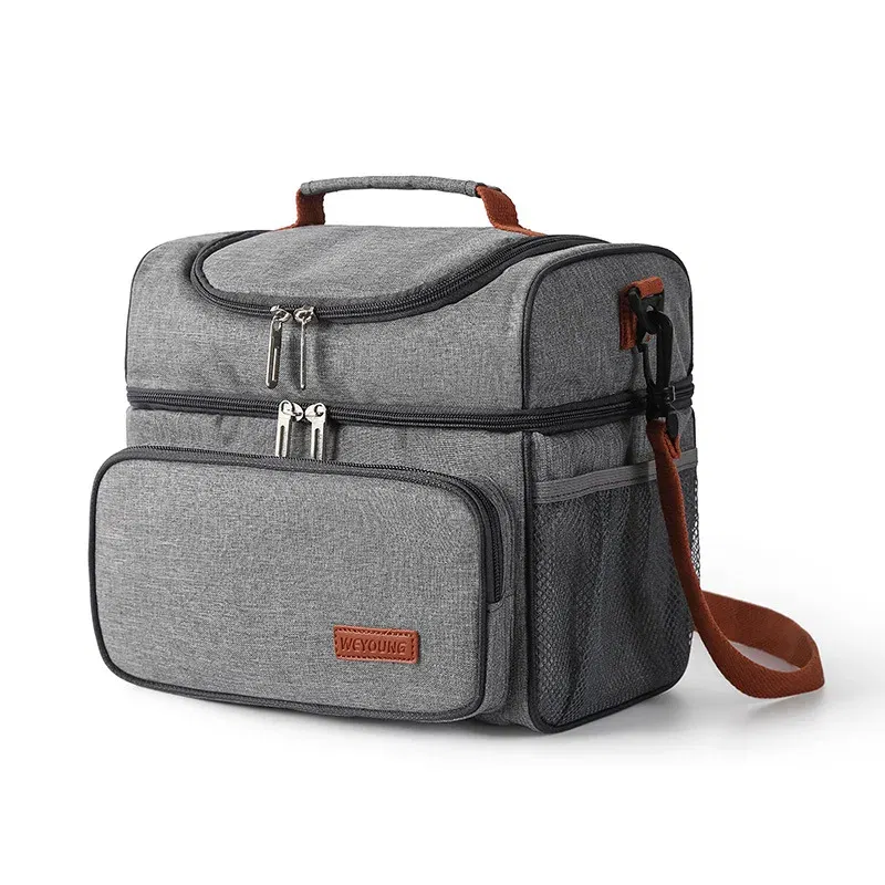 Color: GRAY - Double Layer Lunchbox Storage Thermal Bag Large Capacity Tote Shoulder Food Drink Insulation Bags Outdoor Picnic Bento Lunch Bag