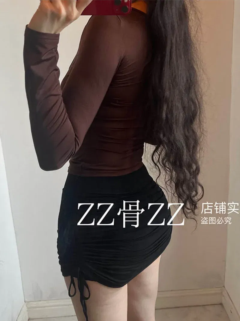 Color: Coffee, Size: L - Autumn New Casual Pure Desire Spicy Girl Sexy Style Basic Style Base Long Sleeved T-shirt Fashion Sexy Sweet Women Tees A8Q2