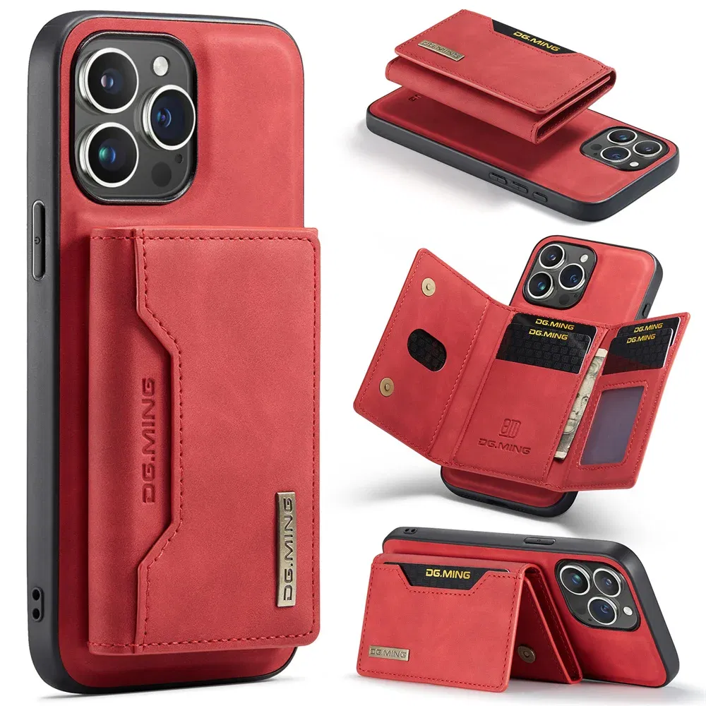 Color: Red, Material: Nylon - 2 In 1 Case For iPhone 16 15 14 13 12 11 Pro Max Plus XS Max XR 8 Plus SE 2022 Wallet Magnetic Leather Card Holder Pocket Cover