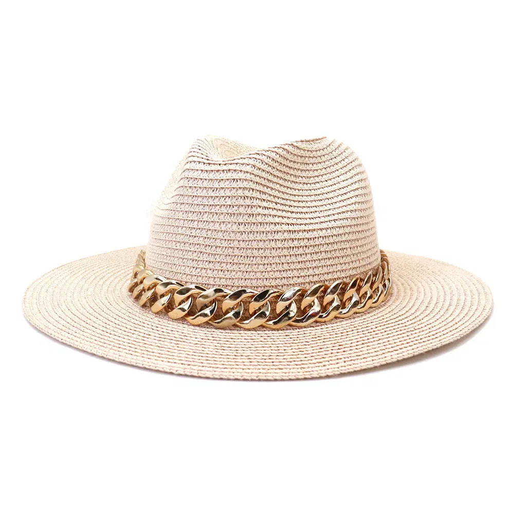 Color: Pink, Size: M - Fashion Gold Chain Belt Panama Straw Hats For Women Summer Breathable Beach Sun Hats Elegant Ladies Party Jazz Hat