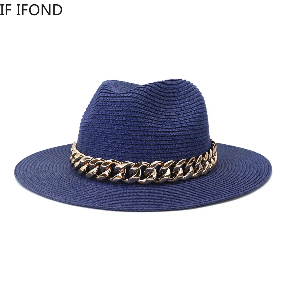 Color: Pink, Size: M - Fashion Gold Chain Belt Panama Straw Hats For Women Summer Breathable Beach Sun Hats Elegant Ladies Party Jazz Hat