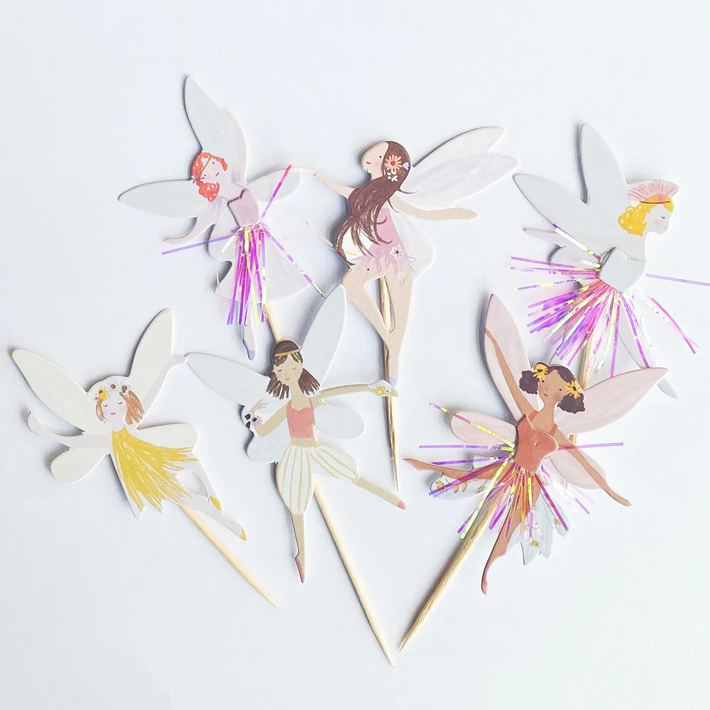 Color: light green - 12/24pcs Fairy Cake Topper Girl Birthday Party Cupcake Topper Fairy Theme Party Decoration Wing Angel Fairy Cake Topper