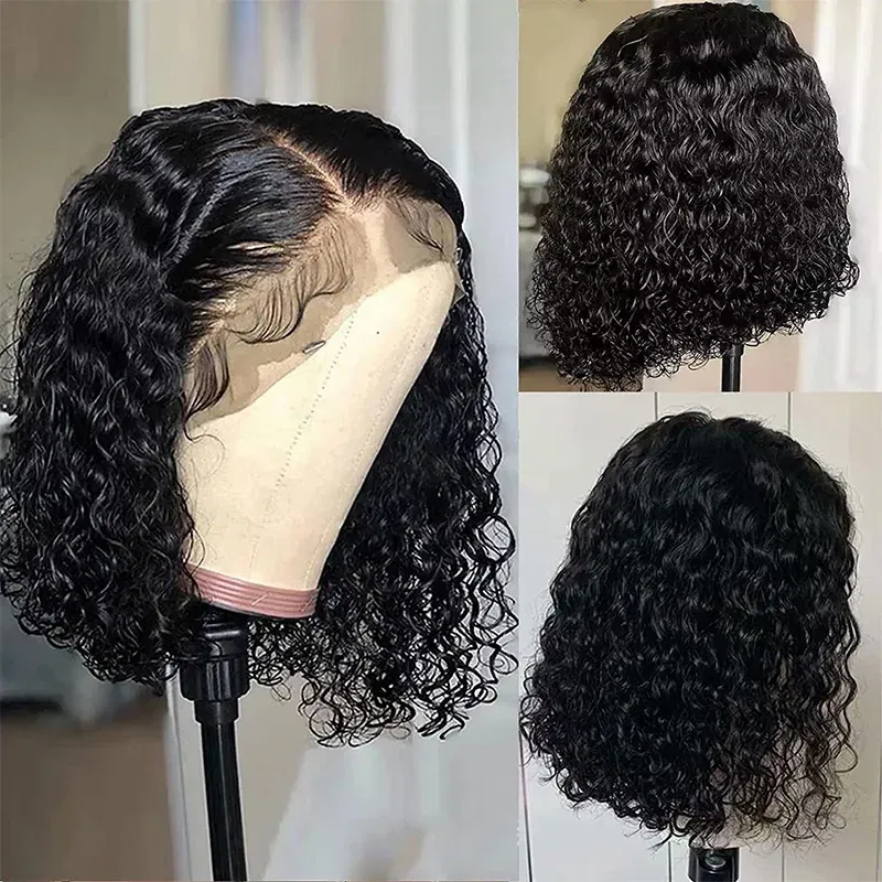 Density: 180%, Stretched Length: 8inches, Lace Wig Type: 4*4 - Deep Wave 180% Density Pre-Plucked Side Part Short Bob 13*4 Lace Frontal Brazilian Virgin Human Hair Wigs For Black Woman
