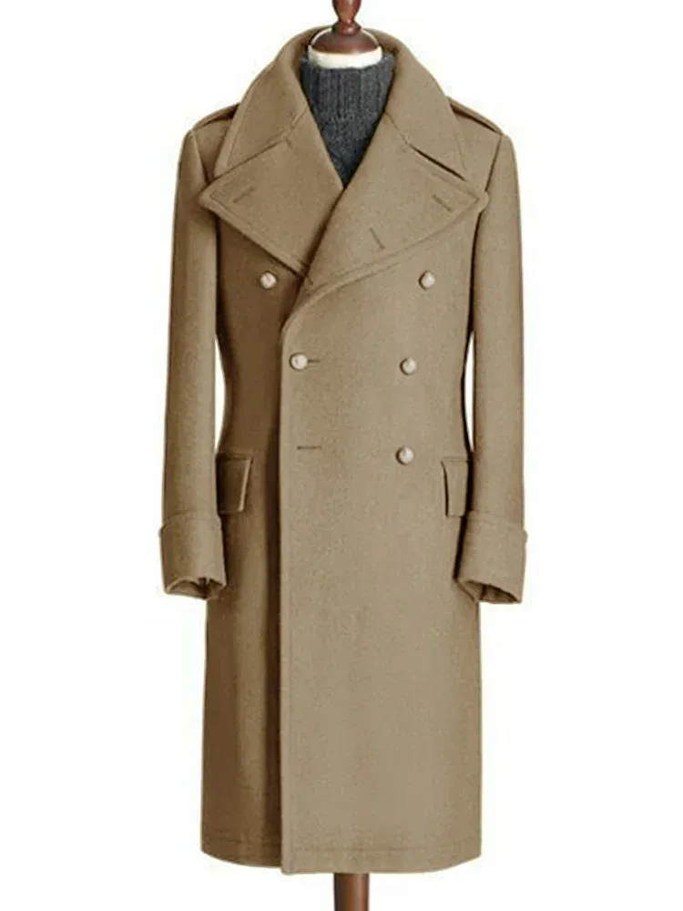 Color: Khaki, Size: M - Windbreak Men's Jacket Wool Long Coat Lapel Double Breasted Men's Trench Coats Windbreakers Jackets Man Winter 2023 Martens Male