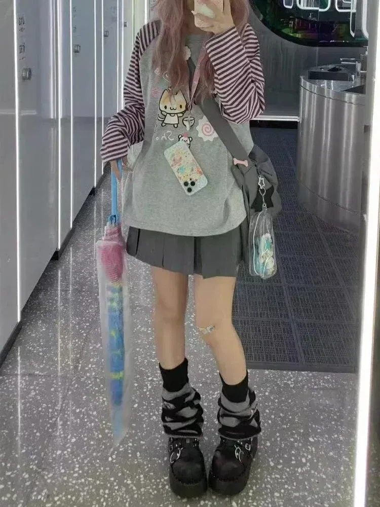 Color: Beige, Size: XL - Grey Pink Striped Panda Print Long Sleeve Shirts Y2k Cartoon Japanese Harajuku Kawaii Loose Hoodie Women Spring New Tees