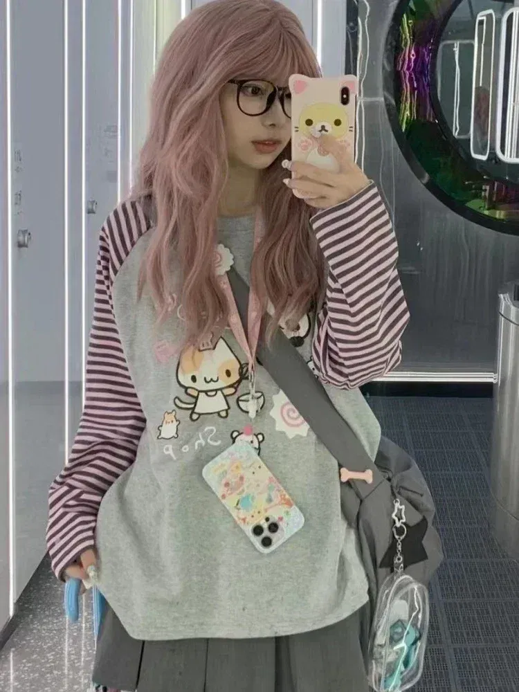Color: Beige, Size: XL - Grey Pink Striped Panda Print Long Sleeve Shirts Y2k Cartoon Japanese Harajuku Kawaii Loose Hoodie Women Spring New Tees