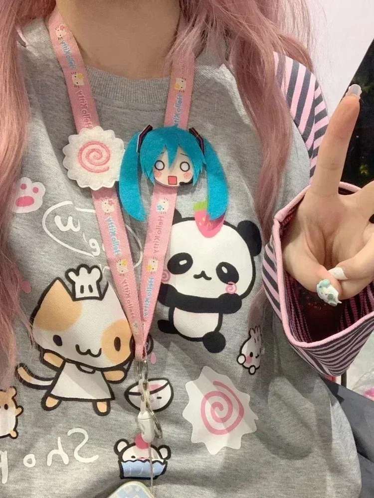 Color: Beige, Size: XL - Grey Pink Striped Panda Print Long Sleeve Shirts Y2k Cartoon Japanese Harajuku Kawaii Loose Hoodie Women Spring New Tees