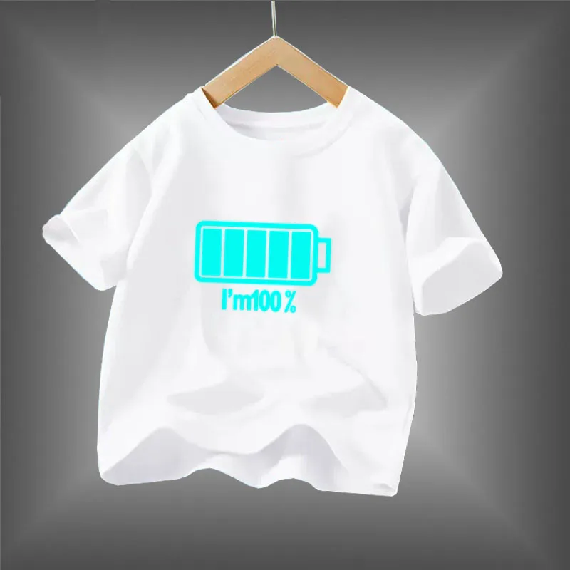 Kid Size: 3T, Color: WHITE - 2024 New Boys Luminous Battery T Shirts Summer Short Sleeve Children's Clothes Kids Glow In Dark Tees
