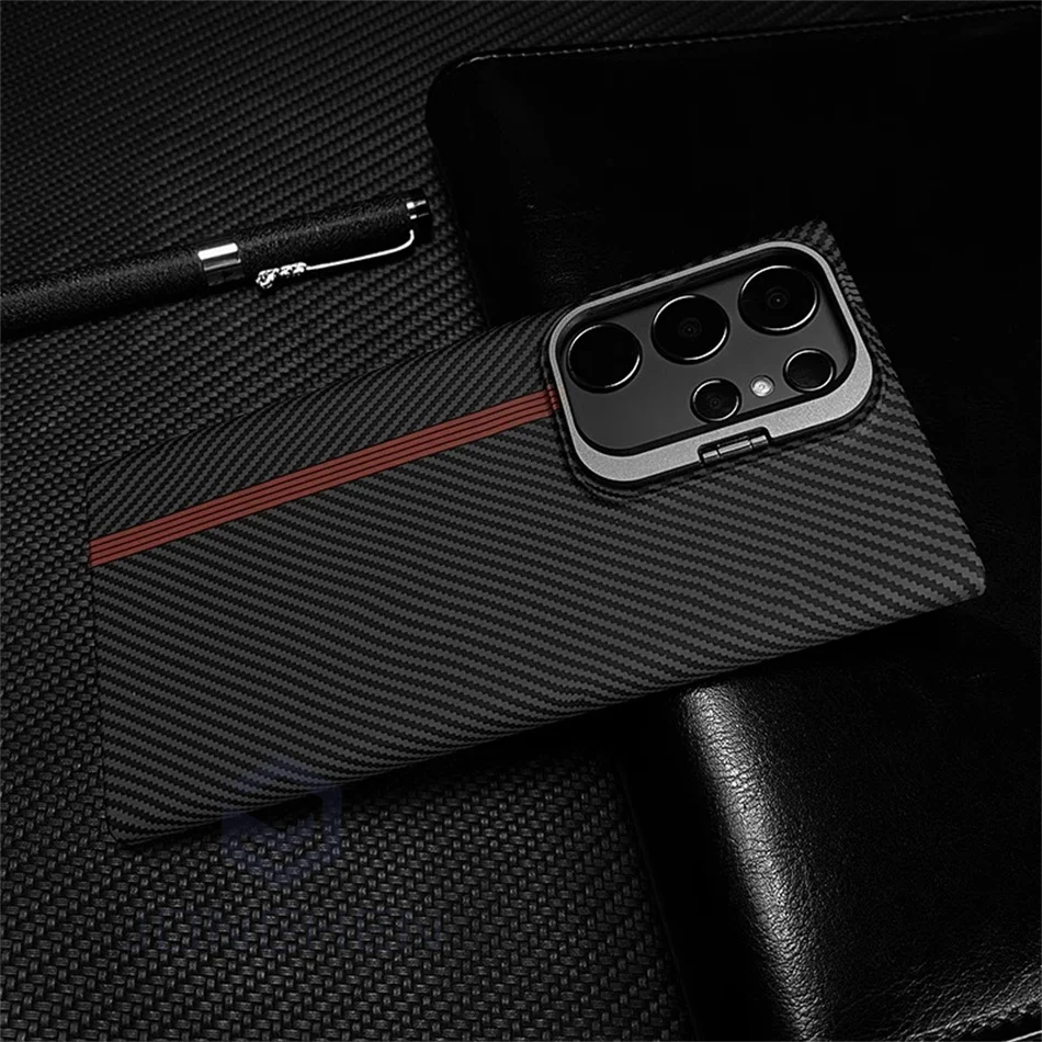 Color: black, Material: Plastic - Magnetic Pixel Carbon Fibre Pattern Slim Case For Samsung Galaxy S24 Plus S23 Ultra Luxury Shockproof Hard Cover Stand Metal Len