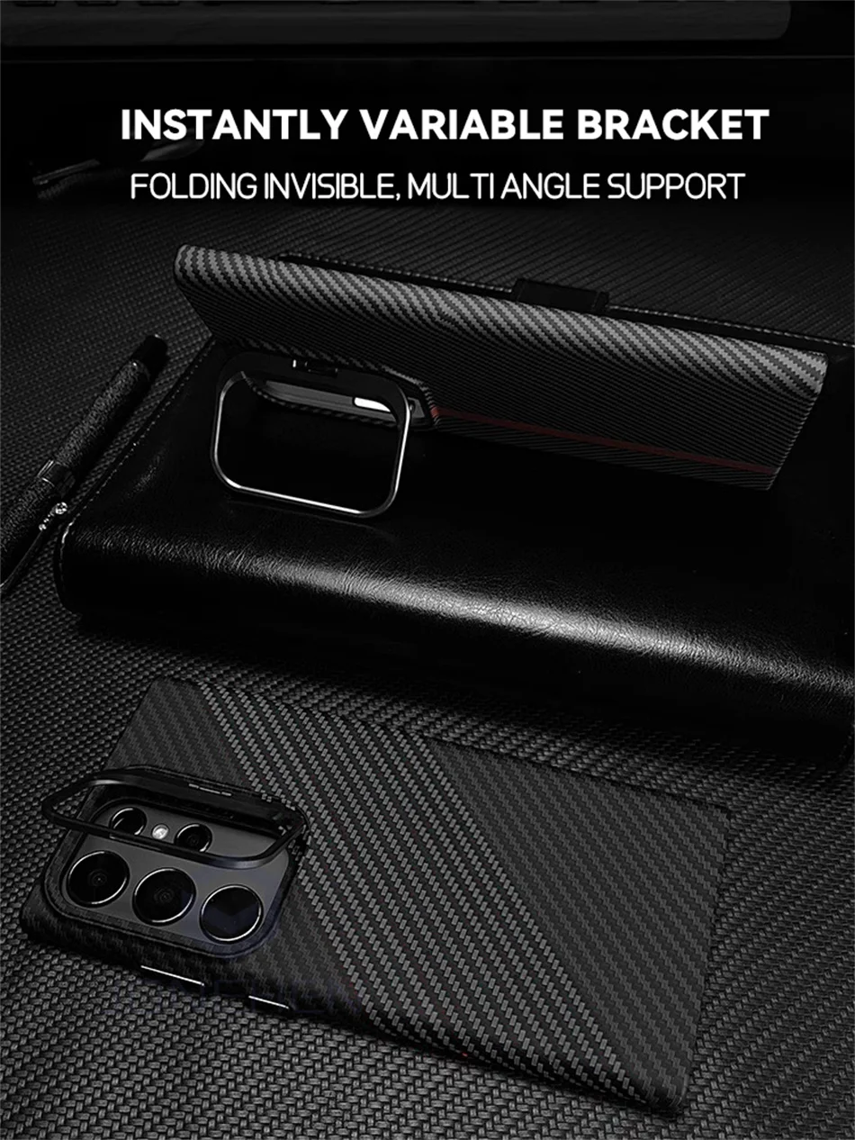 Color: black, Material: Plastic - Magnetic Pixel Carbon Fibre Pattern Slim Case For Samsung Galaxy S24 Plus S23 Ultra Luxury Shockproof Hard Cover Stand Metal Len