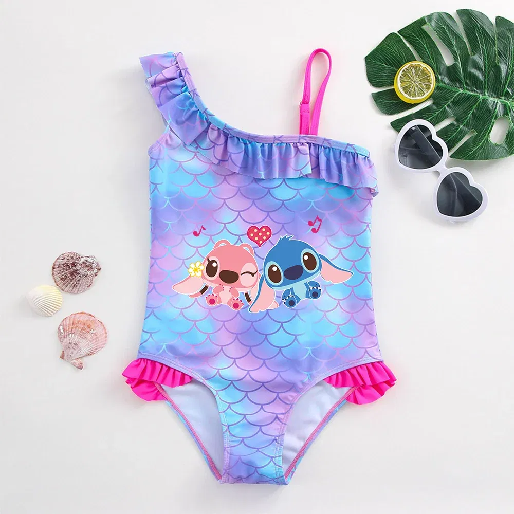 Color: Khaki, Size: XS - Stitch Girls Swimsuit Fashion Mermaid Fish Scale One-Piece Bathing Suits Children's Dresses Summer Swimwear Beach Suit Kids Wear
