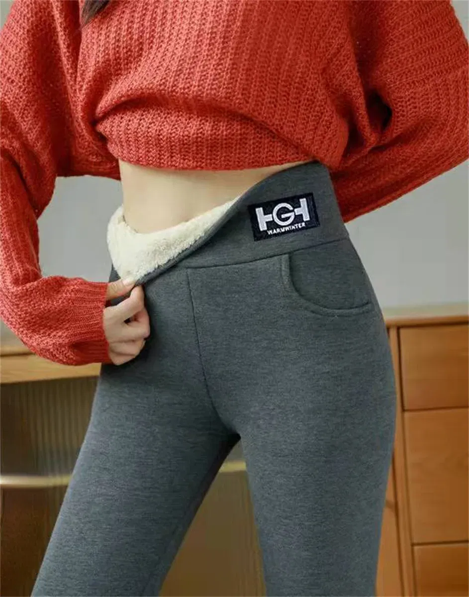 Color: GRAY, Size: L - Winter Women Leggings Solid Warm Leggings Thicken Lambwool Hight Waist Fleece Keep Butt Lift High Stretchy Walking Pants Pocket