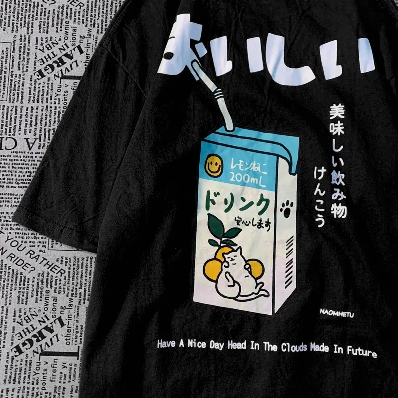 Color: Blue, Size: L - Cute Japanese Cat Print Oversized T-shirt men Women Short Sleeve Loose Casual Tee Shirt Streetwear Tops Cotton Harajuku Clothing