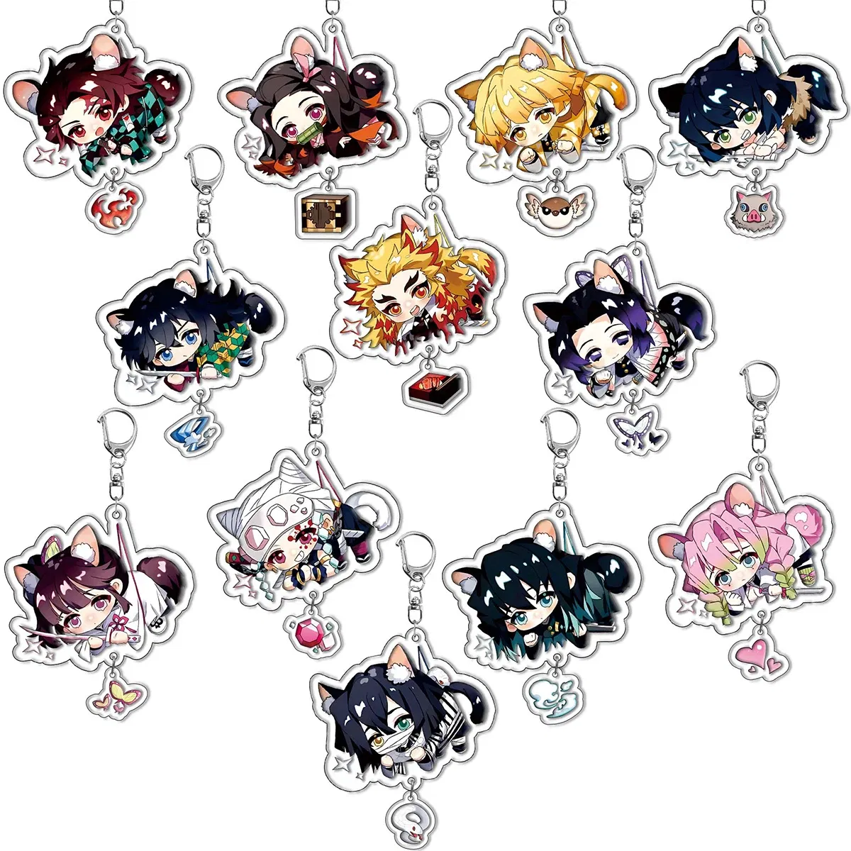 Color: black - 16pcs/set Anime Keychains Keychain Demon Slayer Kimetsu No Yaiba Acrylic Key Ring Cute Funny Cartoon for Friends wholesale