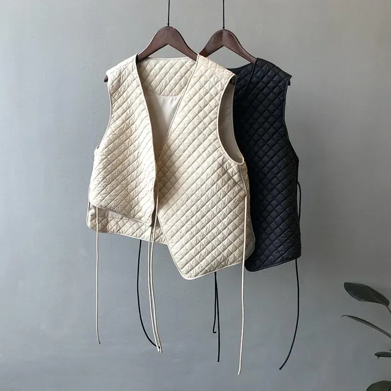 Color: Beige, Size: M - Women Clothes Fashion Casual Diamond Check Cotton Vest 2024 Winter New Girl Temperament Korean style Loose Casual Padded Vest