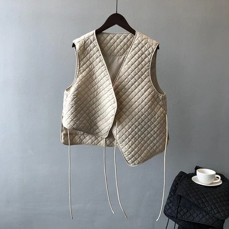 Color: Beige, Size: M - Women Clothes Fashion Casual Diamond Check Cotton Vest 2024 Winter New Girl Temperament Korean style Loose Casual Padded Vest