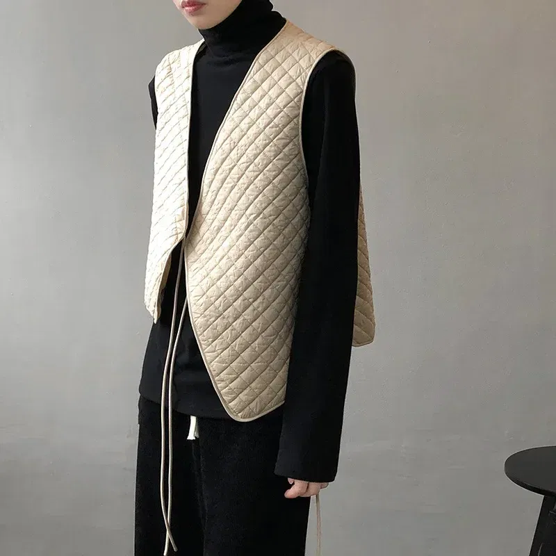Color: Beige, Size: M - Women Clothes Fashion Casual Diamond Check Cotton Vest 2024 Winter New Girl Temperament Korean style Loose Casual Padded Vest