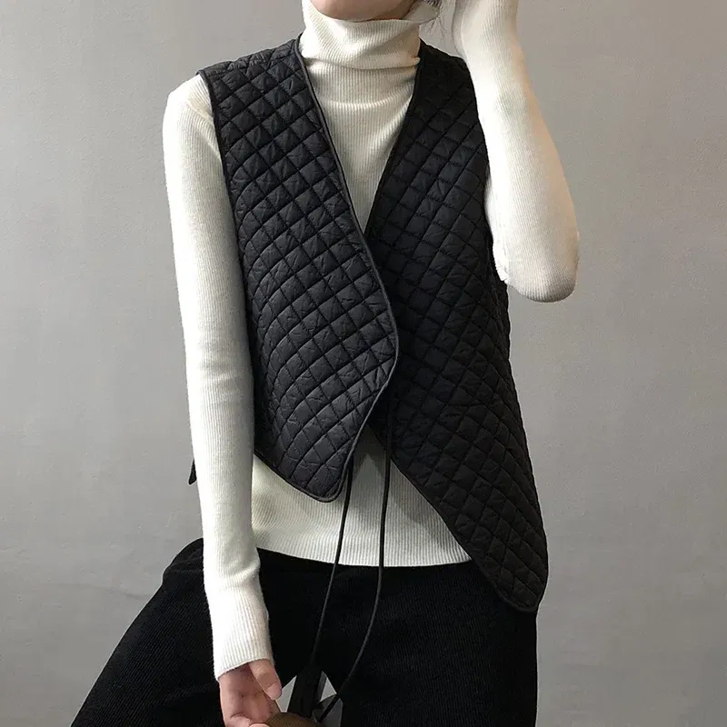 Color: Beige, Size: M - Women Clothes Fashion Casual Diamond Check Cotton Vest 2024 Winter New Girl Temperament Korean style Loose Casual Padded Vest